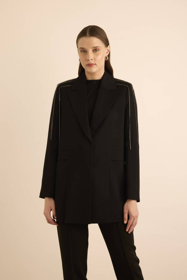 Siyah Pile Şerit Detaylı Taş İşlemeli Ceket - 6