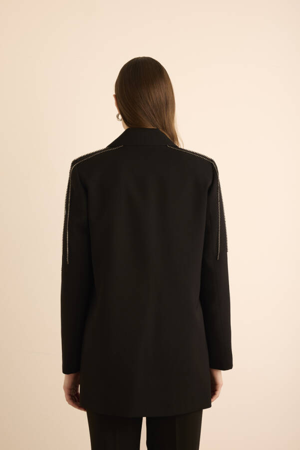 Siyah Pile Şerit Detaylı Taş İşlemeli Ceket - 7