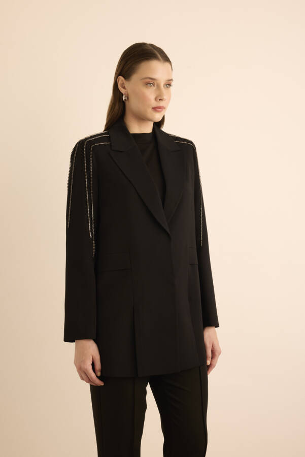 Siyah Pile Şerit Detaylı Taş İşlemeli Ceket - Aker (1)