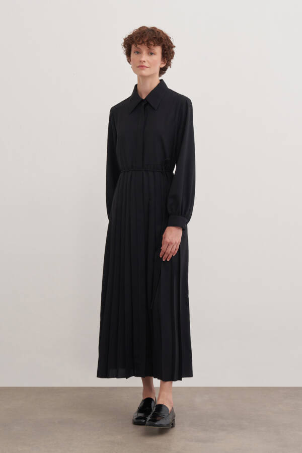 Siyah Pileli Gömlek Elbise - Aker (1)