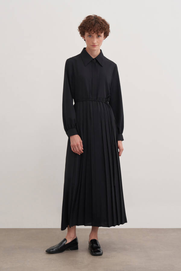 Siyah Pileli Gömlek Elbise - Aker