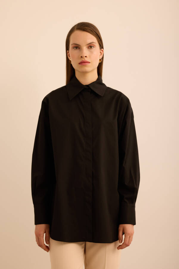 Siyah Rahat Form Cotton Gömlek - 2
