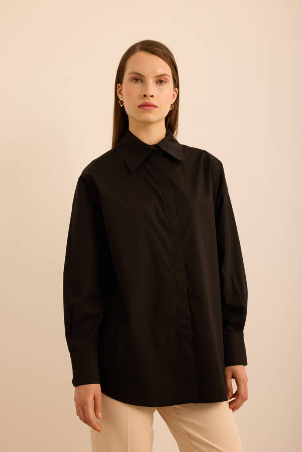 Siyah Rahat Form Cotton Gömlek - Aker