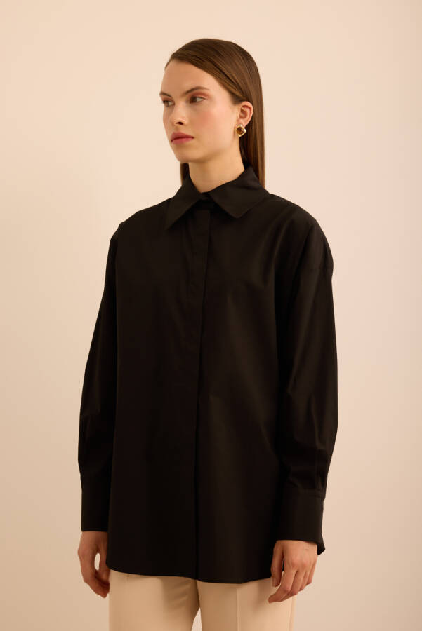 Siyah Rahat Form Cotton Gömlek - 3