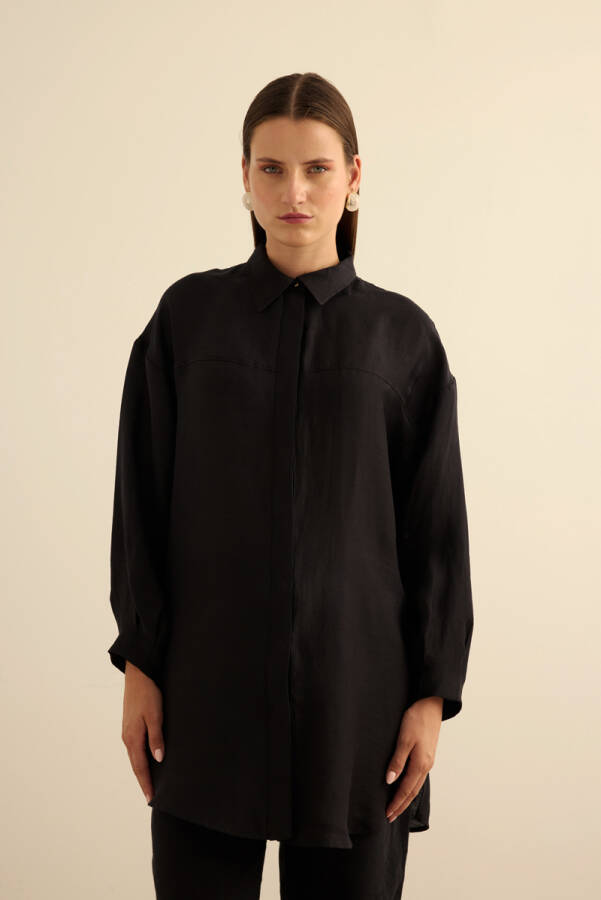 Siyah Rahat Form Keten Bluz - Aker (1)