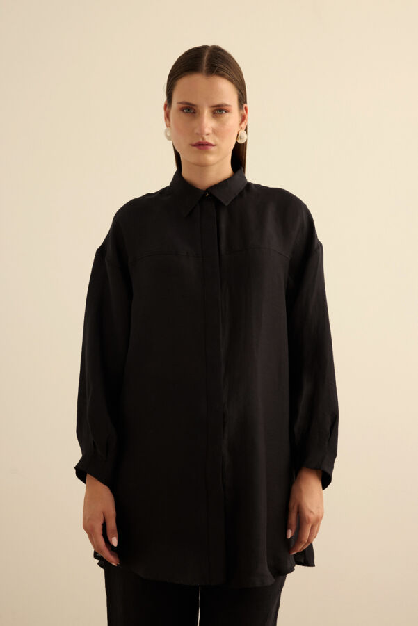 Siyah Rahat Form Keten Bluz - Aker