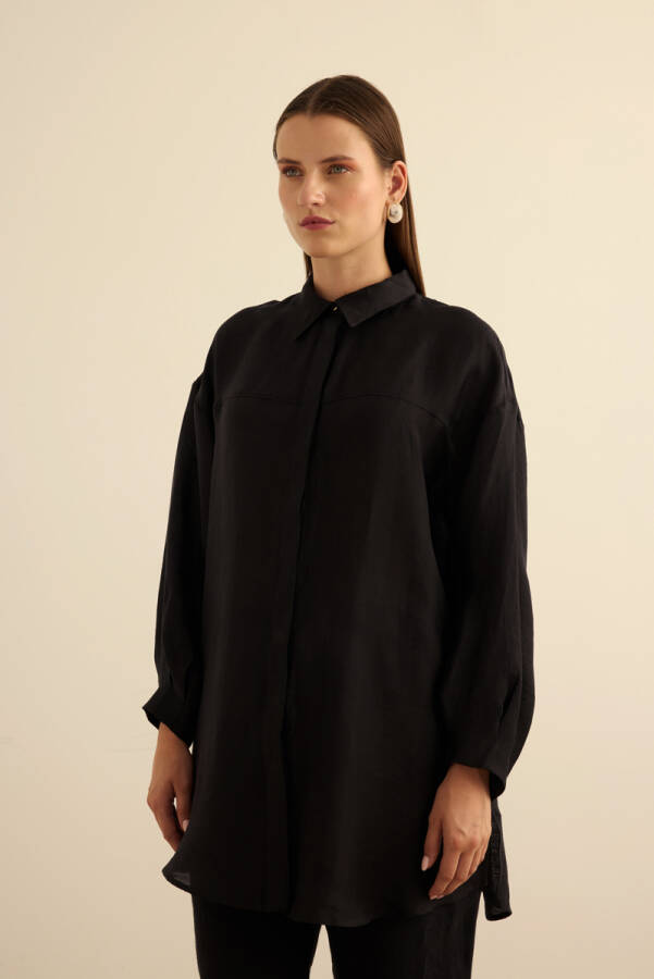 Siyah Rahat Form Keten Bluz - 5