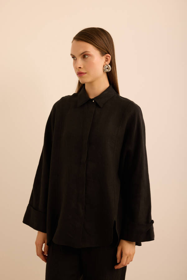 Siyah Rahat Form Keten Bluz - 3