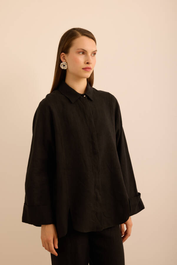 Siyah Rahat Form Keten Bluz - 4