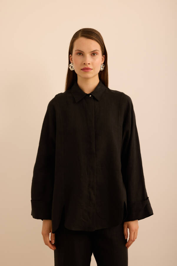Siyah Rahat Form Keten Bluz - Aker