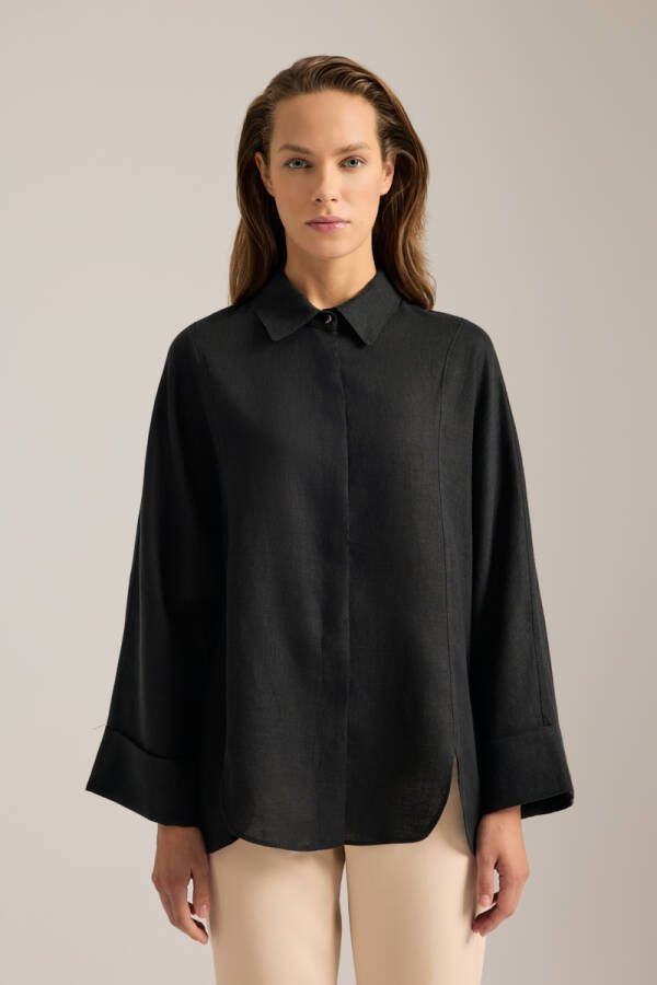 Siyah Rahat Form Keten Tunik - Aker