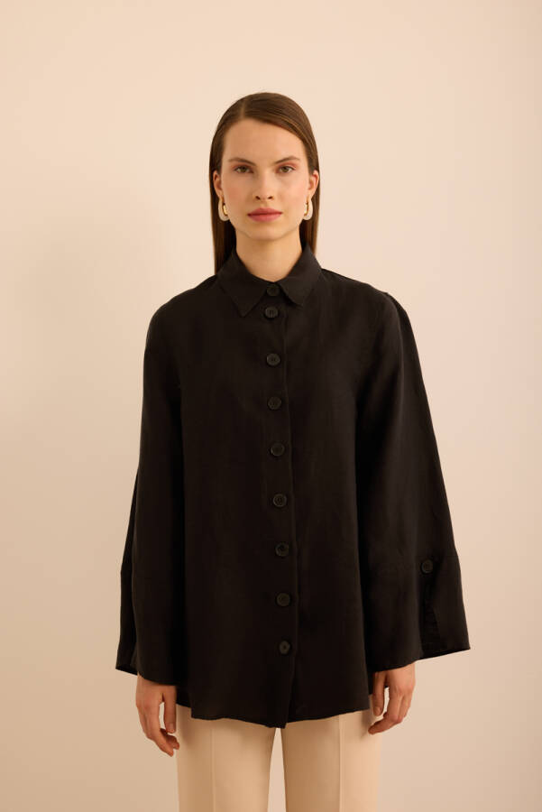 Siyah Rahat Form Tencel Keten Tunik - 1