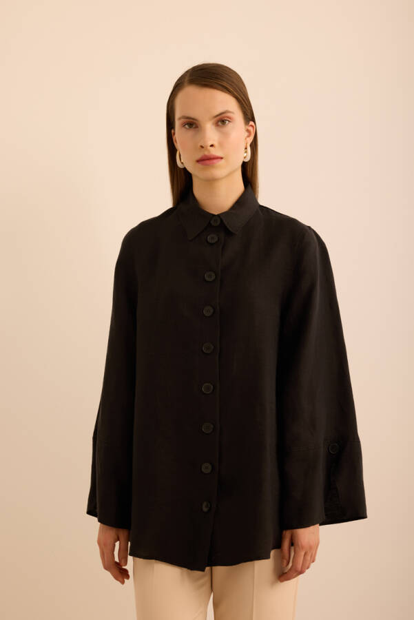 Siyah Rahat Form Tencel Keten Tunik - Aker (1)