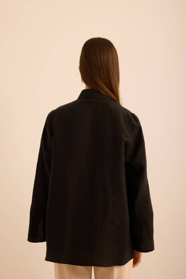 Siyah Rahat Form Tencel Keten Tunik - 7