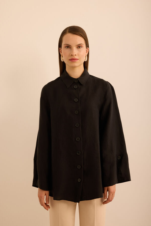 Siyah Rahat Form Tencel Keten Tunik - 1