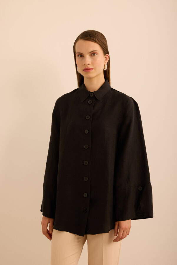 Siyah Rahat Form Tencel Keten Tunik - 3