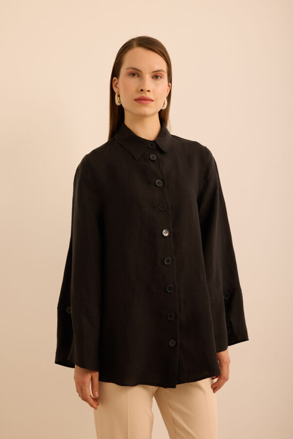 Siyah Rahat Form Tencel Keten Tunik - 4