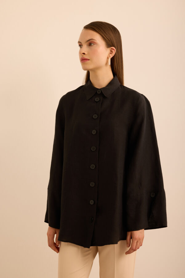 Siyah Rahat Form Tencel Keten Tunik - 5