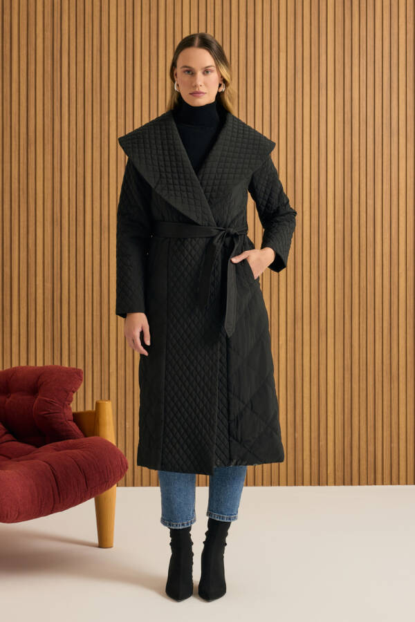 Siyah Şal Yaka Kapitone Mont - 3