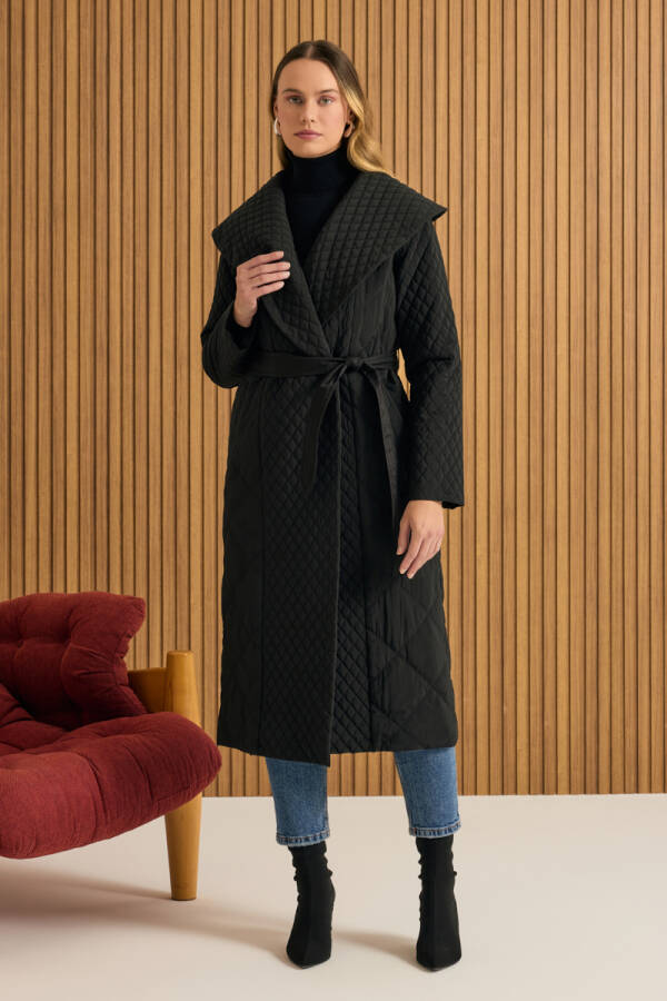 Siyah Şal Yaka Kapitone Mont - 1