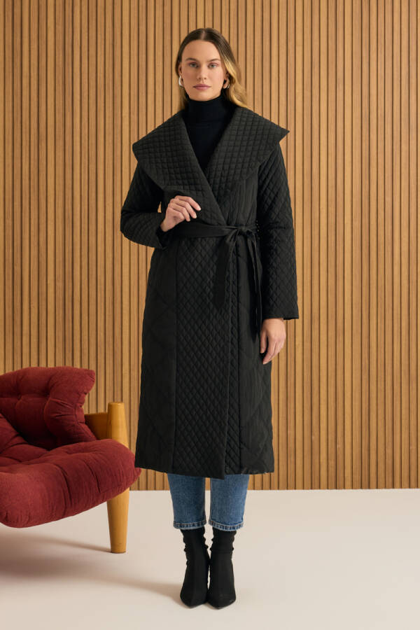 Siyah Şal Yaka Kapitone Mont - 2