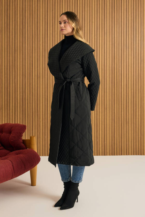 Siyah Şal Yaka Kapitone Mont - 4