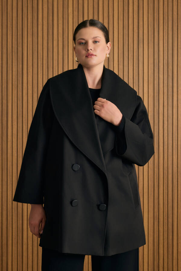 Siyah Şal Yaka Rahat Form Cotton Kap - Aker