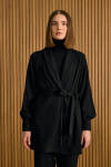 Siyah Şal Yaka Seyyar Kuşaklı Örme Hırka - 4