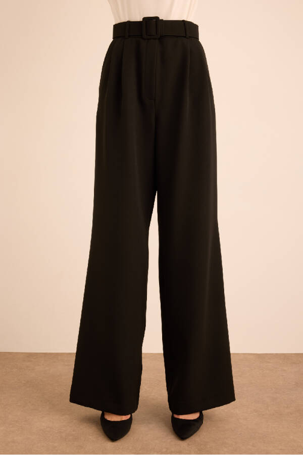 Siyah Seyyar Kumaş Kemerli Dokuma Pantolon - 2