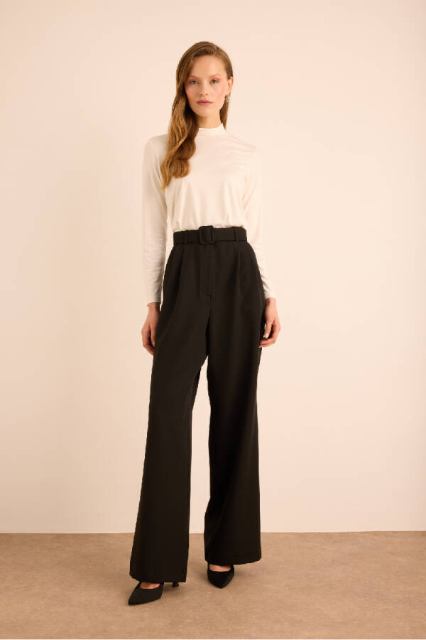 Siyah Seyyar Kumaş Kemerli Dokuma Pantolon - 1