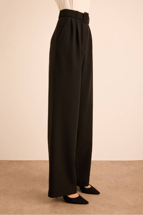 Siyah Seyyar Kumaş Kemerli Dokuma Pantolon - 2