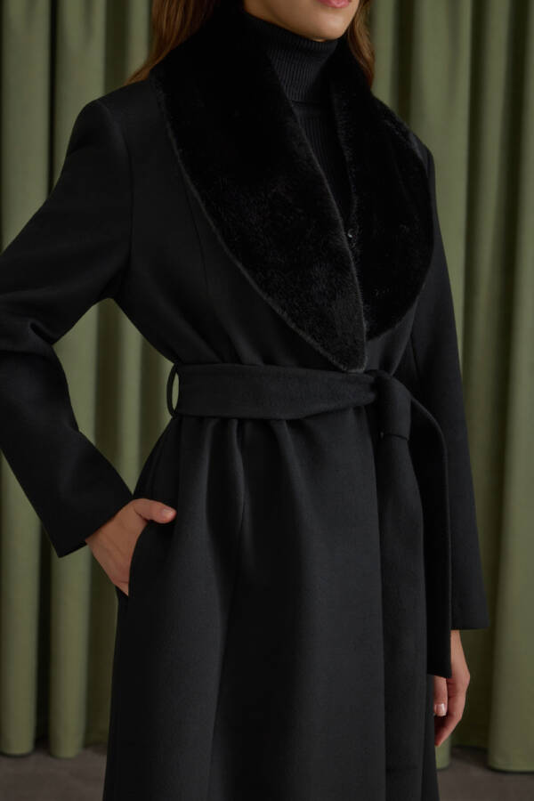 Siyah Seyyar Kürk Yakalı Manto - 4