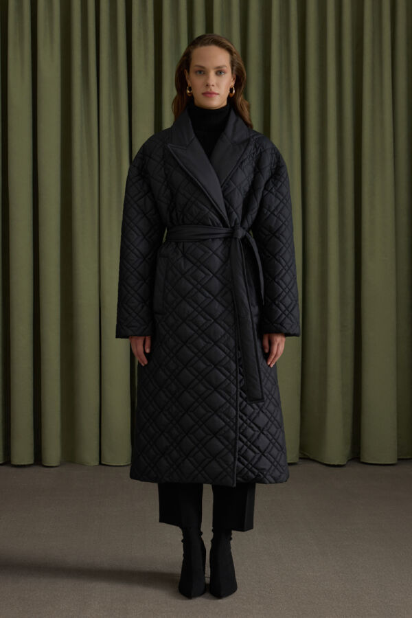 Siyah Seyyar Kuşaklı Kapitone Mont - Aker