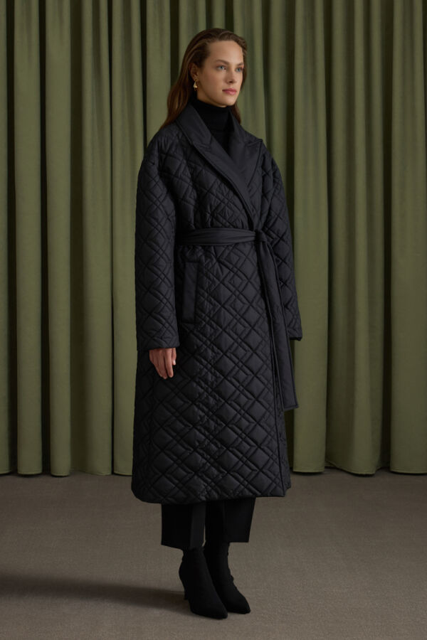 Siyah Seyyar Kuşaklı Kapitone Mont - Aker (1)