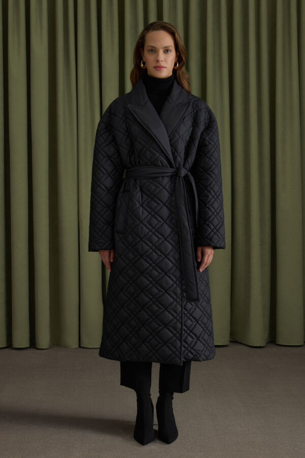 Siyah Seyyar Kuşaklı Kapitone Mont - 3