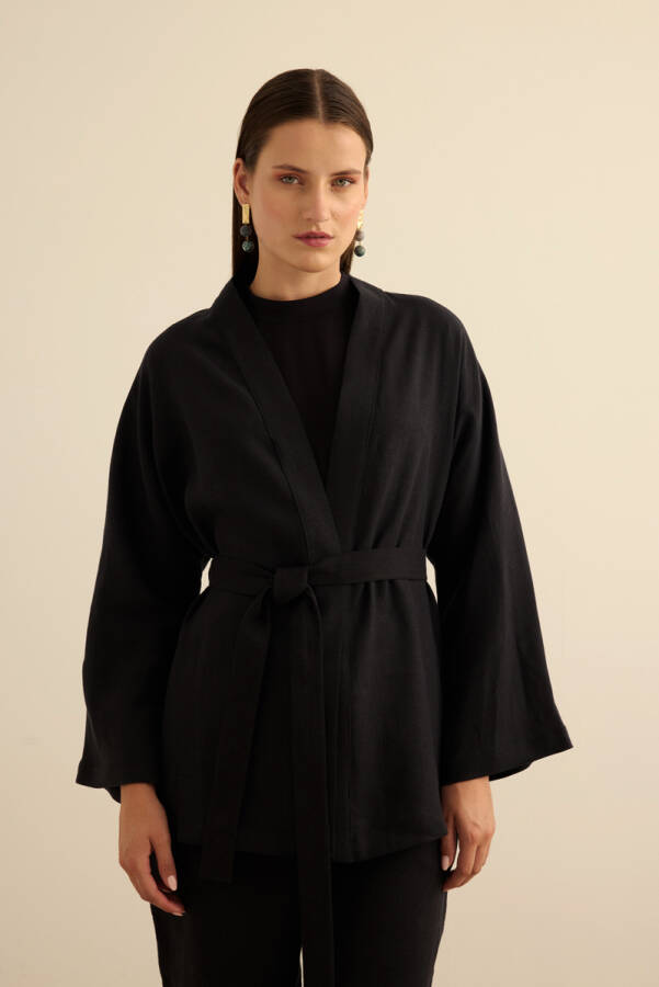 Siyah Seyyar Kuşaklı Keten Kımono - Aker (1)