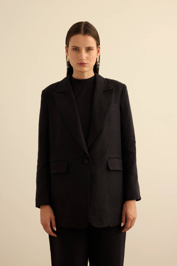 Siyah Seyyar Kuşaklı Keten Kımono - 3