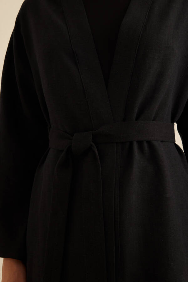 Siyah Seyyar Kuşaklı Keten Kımono - 6