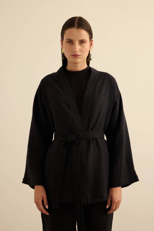 Siyah Seyyar Kuşaklı Keten Kımono - 4