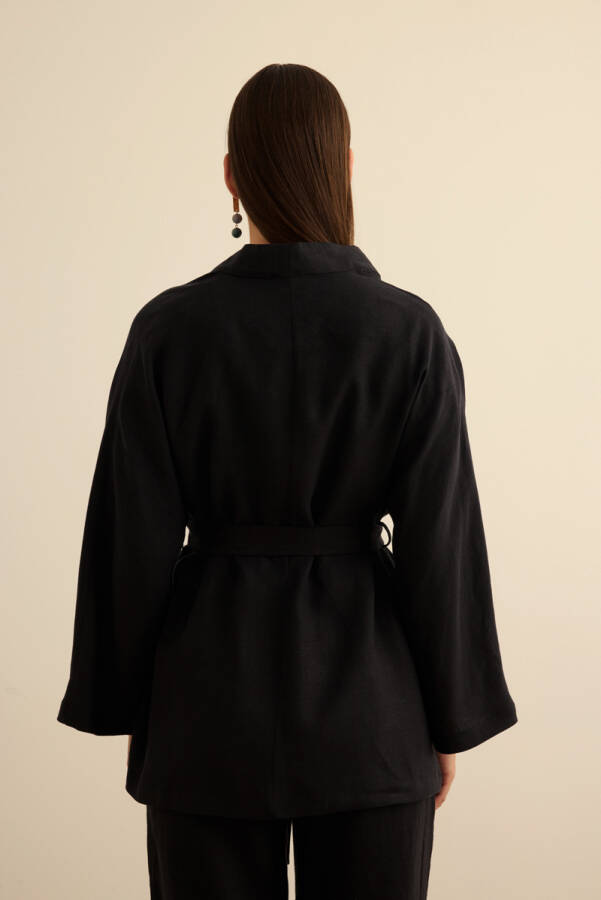 Siyah Seyyar Kuşaklı Keten Kımono - 6