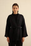 Siyah Seyyar Kuşaklı Keten Kımono - 4