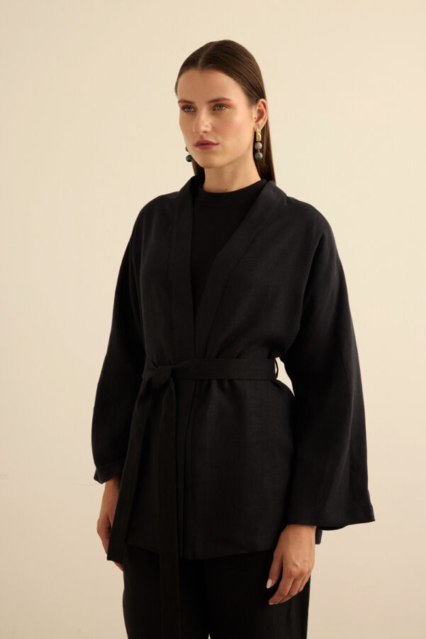 Siyah Seyyar Kuşaklı Keten Kımono - 4