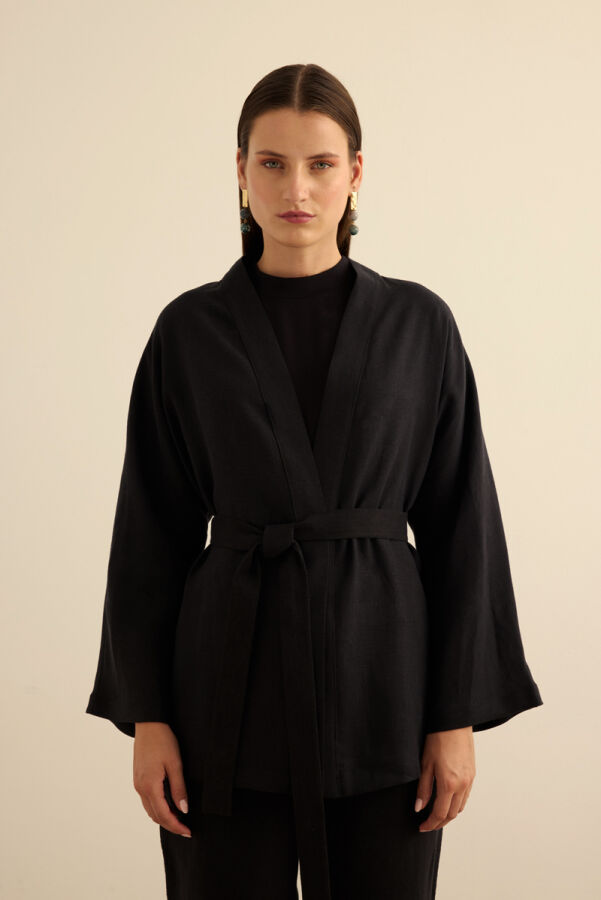 Siyah Seyyar Kuşaklı Keten Kımono - 5
