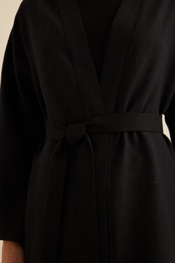 Siyah Seyyar Kuşaklı Keten Kımono - 6