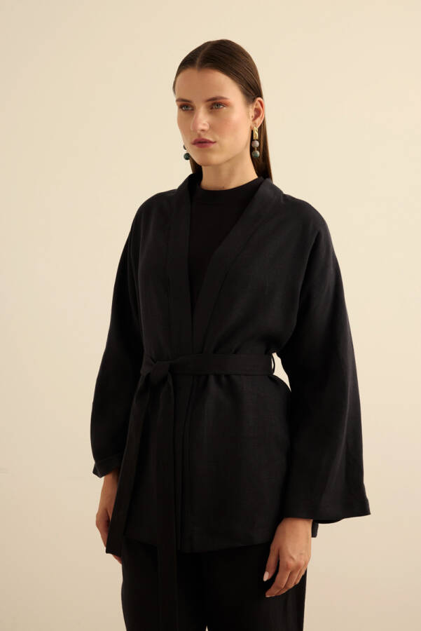 Siyah Seyyar Kuşaklı Keten Kımono - 4