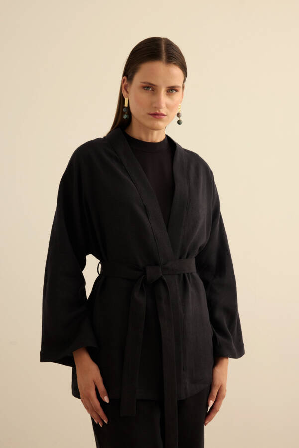 Siyah Seyyar Kuşaklı Keten Kımono - Aker
