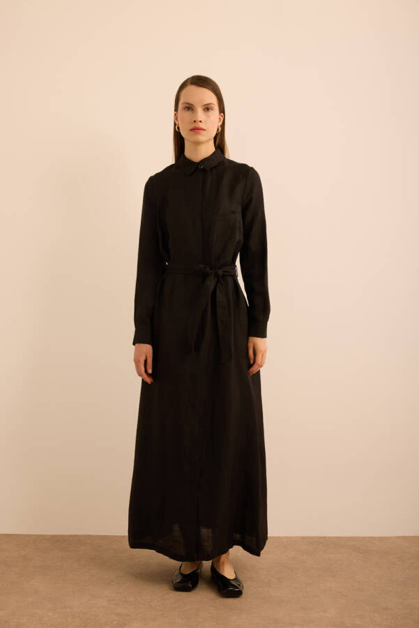Siyah Seyyar Kuşaklı KetenGömlek Elbise - 1
