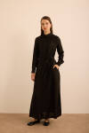 Siyah Seyyar Kuşaklı KetenGömlek Elbise - 2