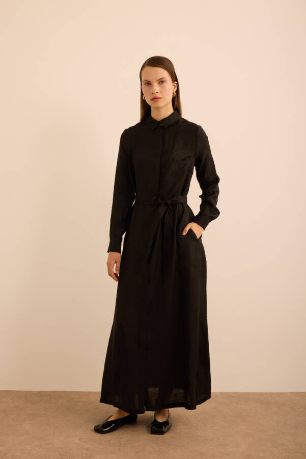 Siyah Seyyar Kuşaklı KetenGömlek Elbise - 2