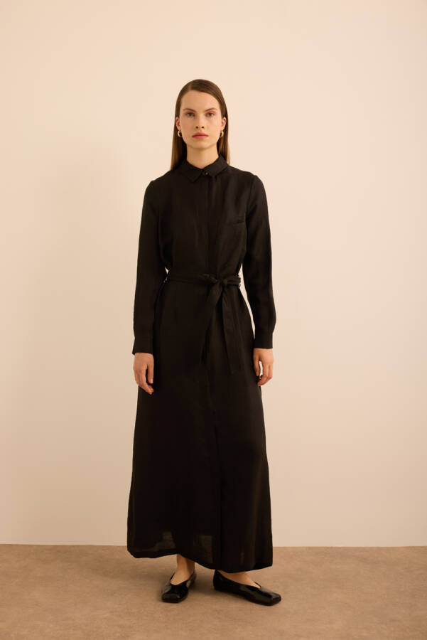 Siyah Seyyar Kuşaklı KetenGömlek Elbise - 3